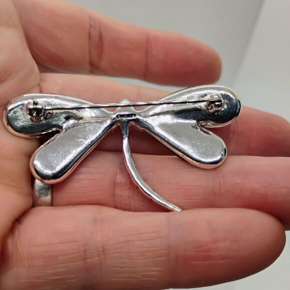 Vintage Monet Dragonfly Brooch Pin Silver Tone with Abalone Marcasite Rhinestone - Picture 6 of 6